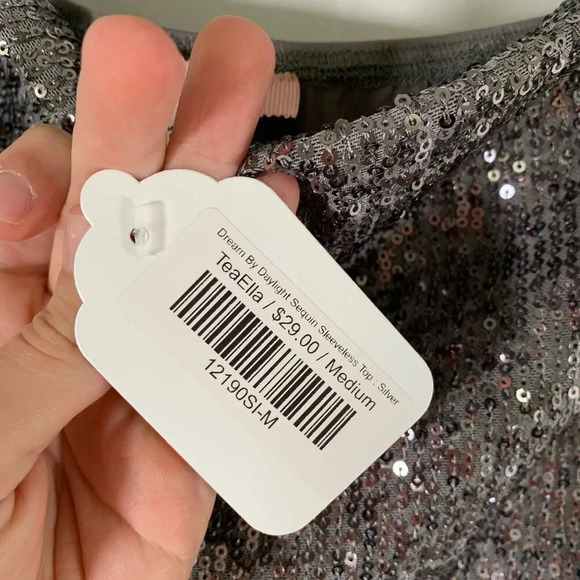 PS Love Tank Top Women's Medium Grey Silver Sequin TeaElla Draped Neckline - Picture 3 of 8